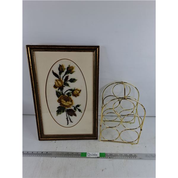 Framed Embroidery Wall Art 20" x 13" , Brass Wine Bottle Rack