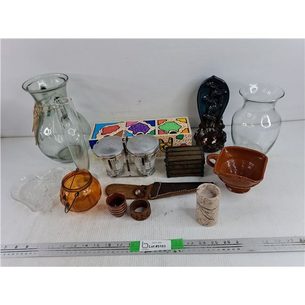 Assorted Vases, Knife Sheath, Napkin Rings, Jewelry Box, Sugar Dish, Misc