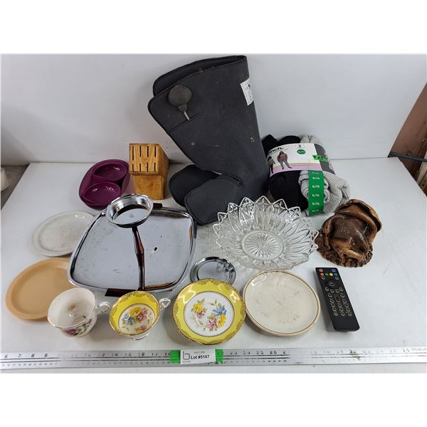 Glass Bowl, Knife Box, Lounge Pants, Boot Liners, Tea Cup, Remote, Misc