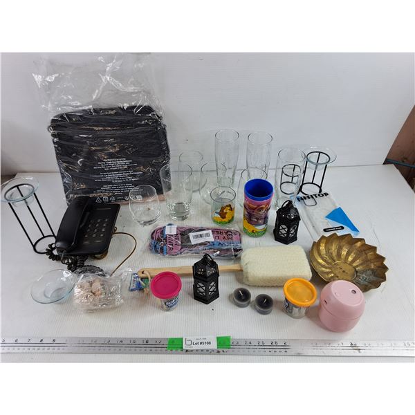 Panasonic Phone, Glasses, Tea Light Holders, Brass Bowl, Bathroom Brush, Bags, Misc