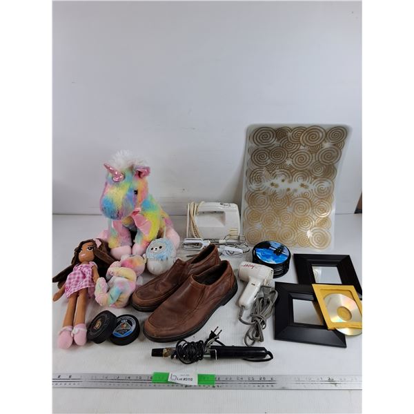 Plush Toys, Mens Shoes - Size 9, Hockey Pucks, Mixer, Hair Curler, Coasters, Misc