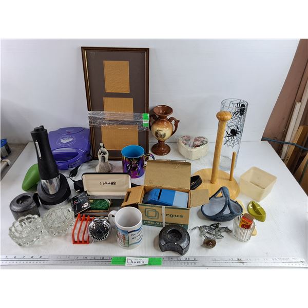 Assorted Mugs, Shower Head, Paper Towel Holder, Vases, Pre Viewer IV, Tapes, Misc