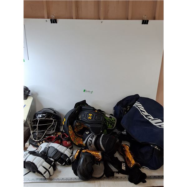 Hockey Helmet, Gloves, Knee Pads, Ankle Brace, Cleats, Duffel Bag
