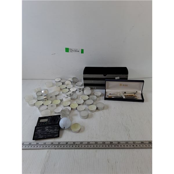 (4) Bill Blass Pens, World Time Clock Untested, Many Candles, Golf Ball