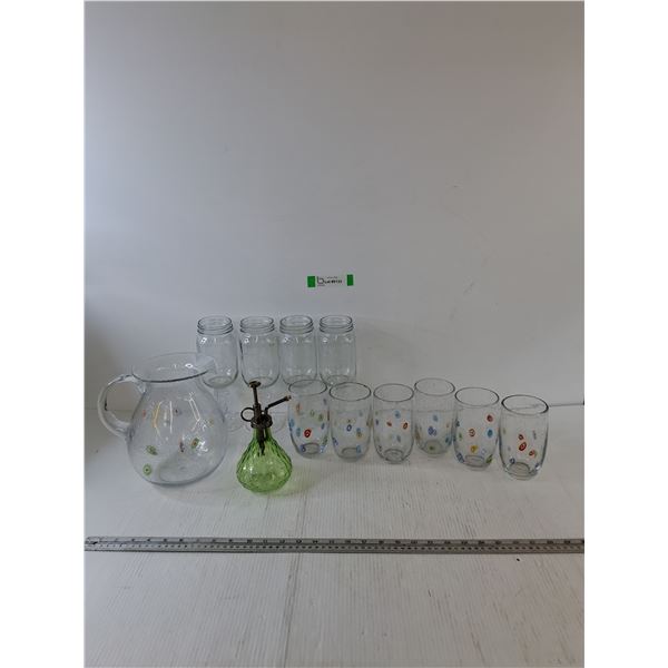 (6) Glasses, (4) Glass Jar Cups, Pitcher, Spitzer Device