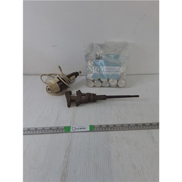 Antique Pipe Wrench, Sovereign Electric Drafting Eraser, Partial Bag Unscented Tea Light Candles