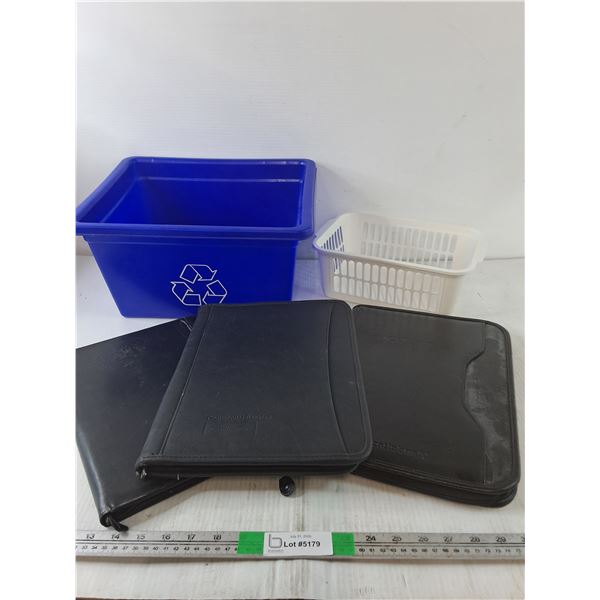 (3) Black Portfolios, (2) Plastic Containers