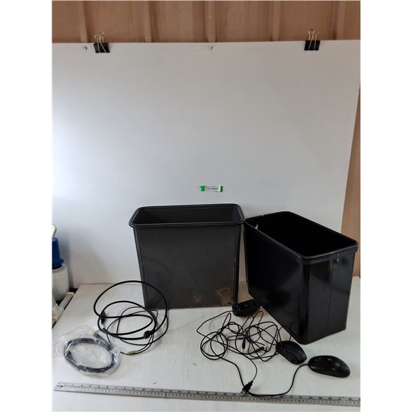 (2) Metal Trash Bins, (3) Wired Mice Mouse, (3) Misc Cables
