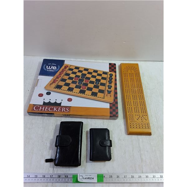 Checkers Set Unopened, Cribbage Board, (2) Wallets