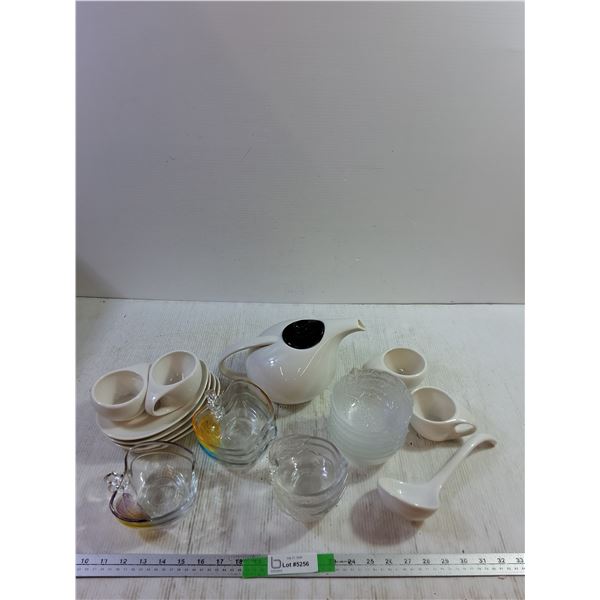 Tea Set with Teapot, Saucers, Cups and Ladel, Various Floral and Fruit Shaped Glass Bowls