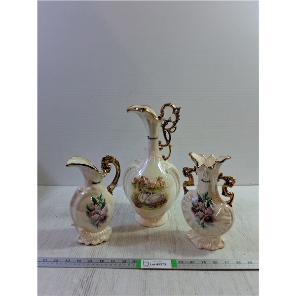 (3) Ornate Porcelain Pitchers with Swan and Flower Hawaii Motifs