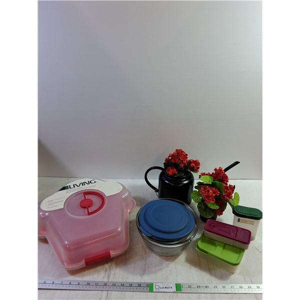 Cupcake Container with Lid, (4) Plastic and Glass Storage Containers, Misc