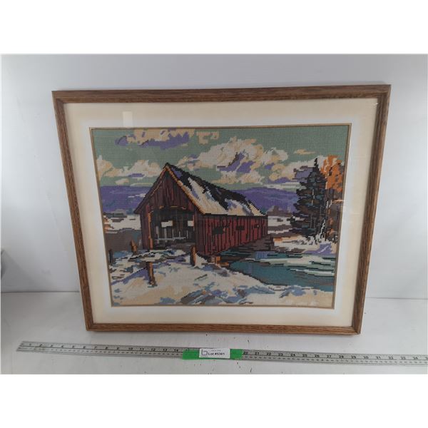 Framed Embroidered Bridge Art, Oak Frame 25" x 21"- Can't Ship