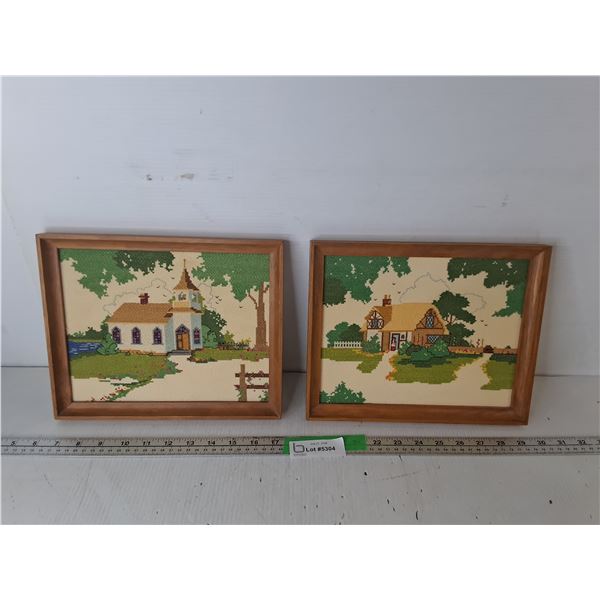 (2) Wood Framed Embroidered Art Pieces 11" x 9"