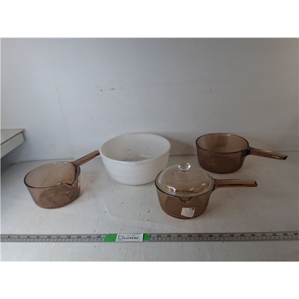 Glass Bowl 9.75" Diameter & (3) Glass Pots