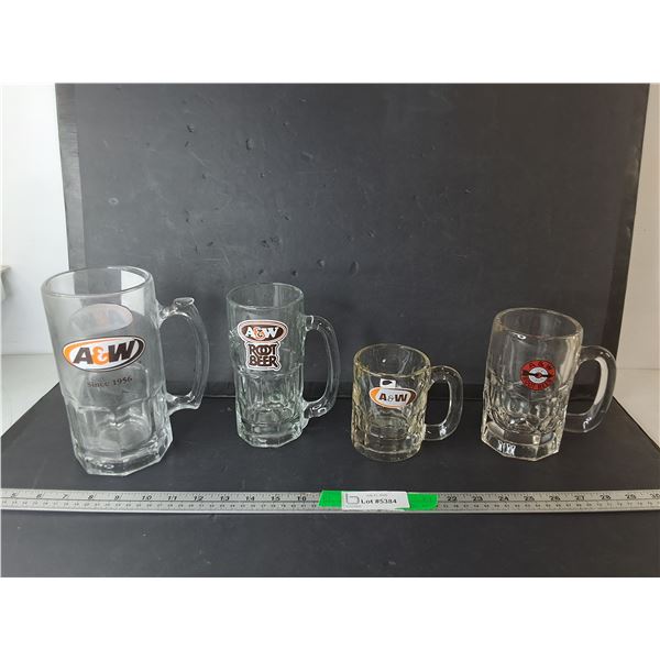 (4) A & W Glass Mugs Up to 8"