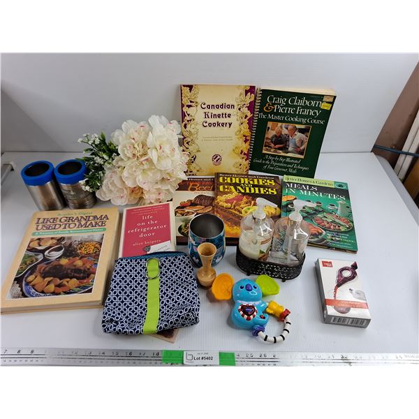 Assorted Books, Artificial Flowers, Wine Aerator, Kids Toy, Small Bag, Misc