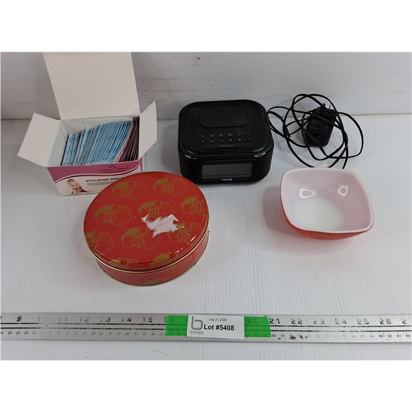 Ovulation Test Kit, Milk Glass Bowl, Tin, iHome Alarm Clock - Powers On, As Is