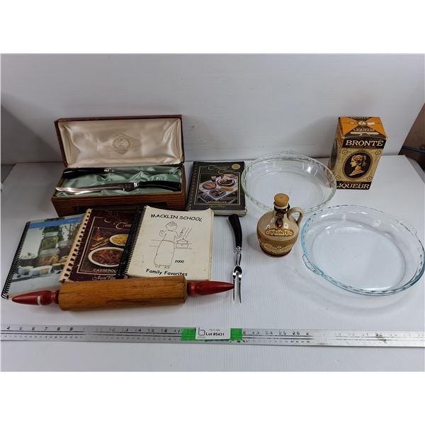 Knife/Sharpener Set, Cookbooks, Pie Plates, Yorkshire Liquor Bottle, Dough Roller