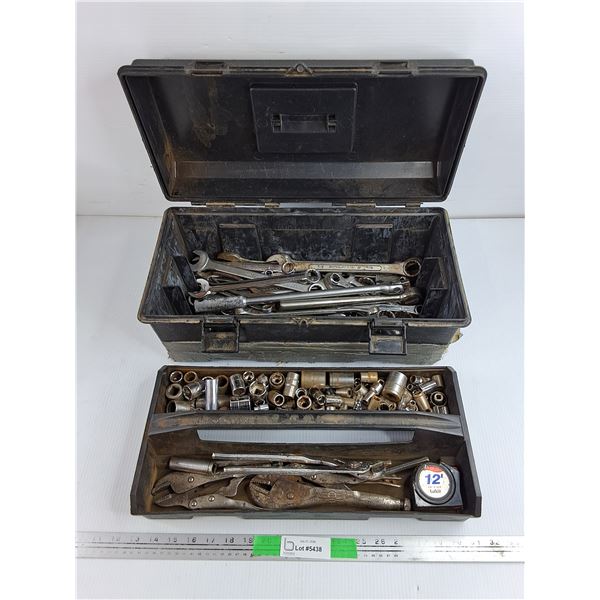 Tool Box, Wrenches, Sockets, Vise Grips, Measuring Tape, Misc