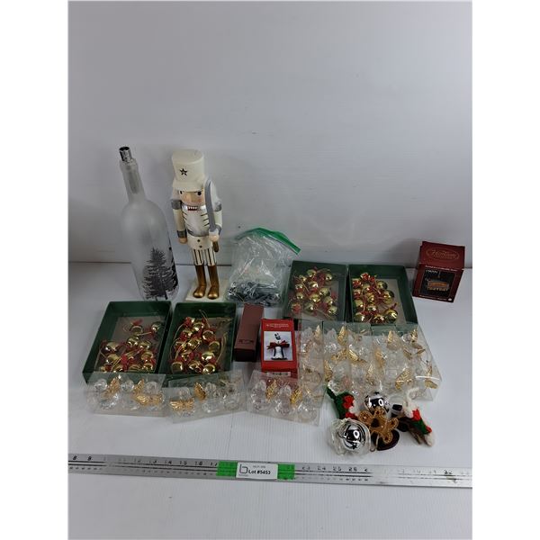 Assorted Christmas Ornaments, Wooden Nut Cracker, Glass Bottle