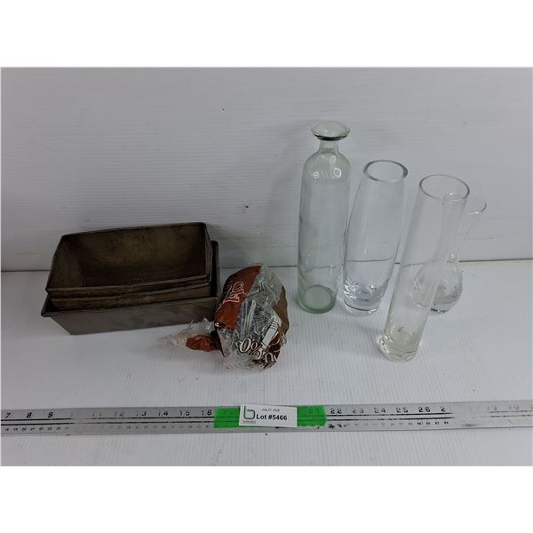 Metal Bins, Cotter Pins & Glass Vases