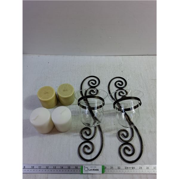(4) Candles, (2) Wall Candle Holders