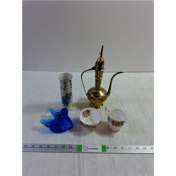 Decorative Metal Lamp 11''x4.5'', Glass Lovebird Figurines, Teacup Set