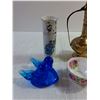 Image 2 : Decorative Metal Lamp 11''x4.5'', Glass Lovebird Figurines, Teacup Set