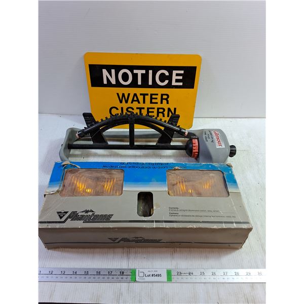 Garden Sprinkler, (2) Fog Lamps Untested As Is, Water Cistern Sign