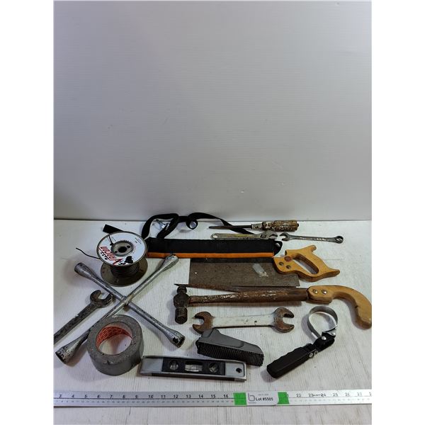 Tire Iron, (2) Handheld Saws, Various Carpentry Tools with Tool Caddy