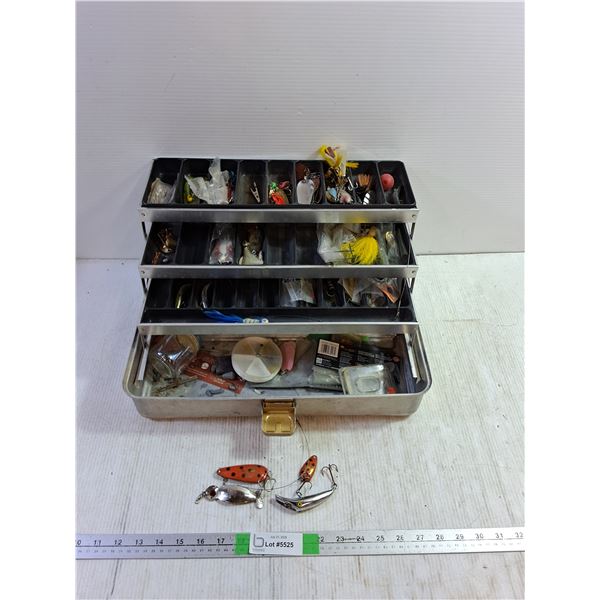 Various Fishing Lures and Metal Tackle Box