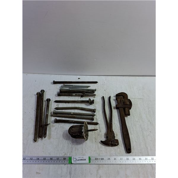 Pipe Wrench and (19) Lag Bolts, Misc