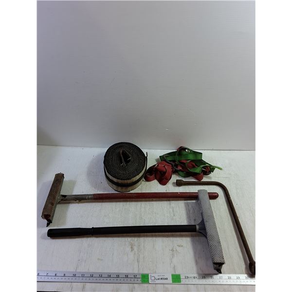 (3) Cargo Tie Down Straps, (2) Window Cleaners, L Shaped Wrench