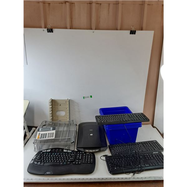 Tax Calculator, (2) Wired (2) Wireless Keyboard Untested, Paper Scanner Untested, (2) Recycling Bins