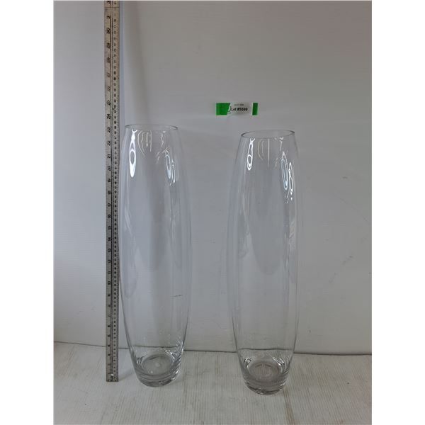(2) 23 1/2" Glass Standing Vases, One With Small Imperfection