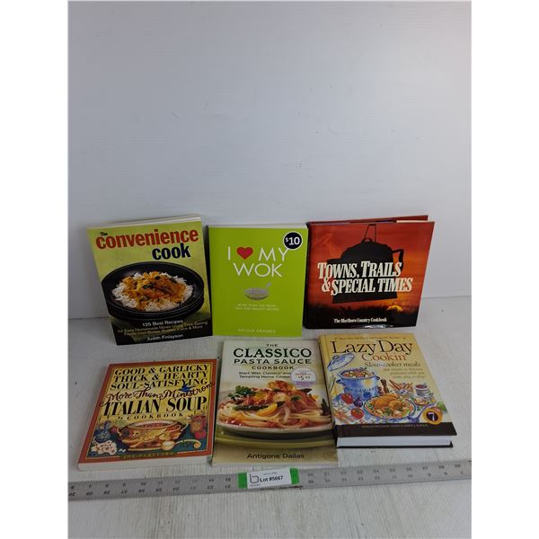 (6) Cookbooks- I love My Wok, Lazy Day Cookin, Classic Pasta Sauce, Convenience Cook