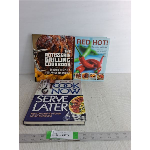 (3) Cookbooks- Rotisserie Grilling Cookbook, Cook Now Serve Later, Red Hot