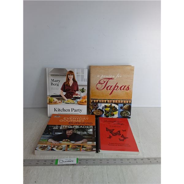(4) Cookbooks- Kitchen Party, Passion Of Tapas, Everyday Gourmet Burgers, Butterflies 