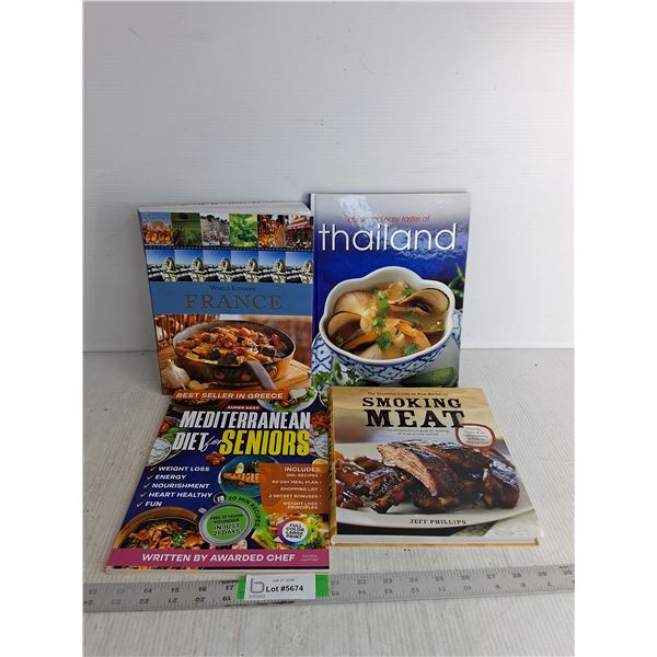 (4) Cookbooks- World Kitchen France, Tastes Of Thailand, Mediterranean Diet For Seniors, Smoking Mea