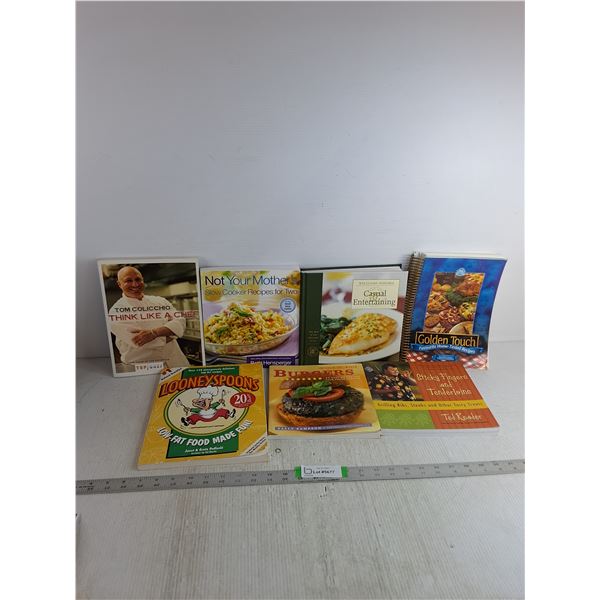 (7) Cookbooks- Burgers, Sticky Fingers & Tenderloins, Golden Touch, Looneyspoons, Think Like A Chef