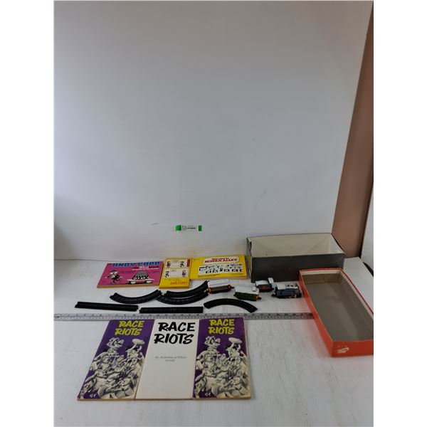 (4) Snowy Train Toy Pieces with (6) Tracks, (6) Books, Andy Capp, Race Riots, Bedpan Alley
