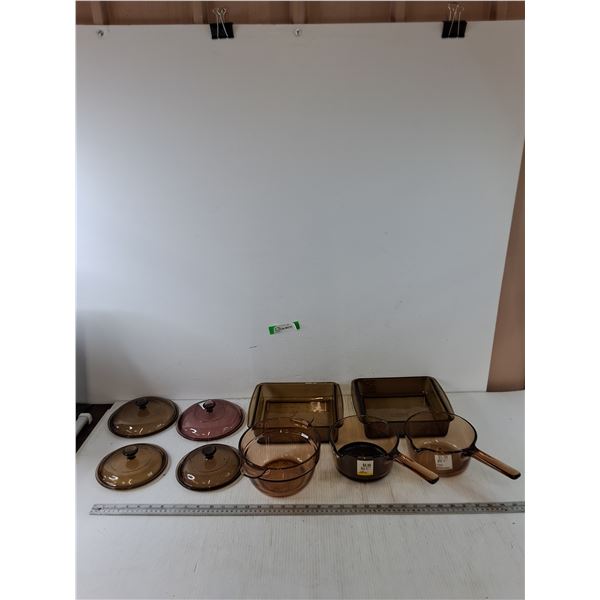 (3) Pyrex Lids, (2) Pyrex Oven Dish, (3) Vision Pots and (1) Bowl,