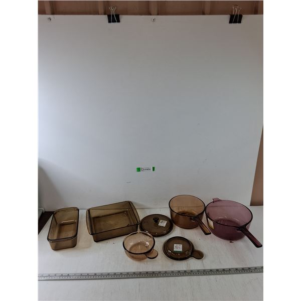 (2) Pyrex Baking Dishes, (3) Corning Vision Pots, (2) Pyrex Lids