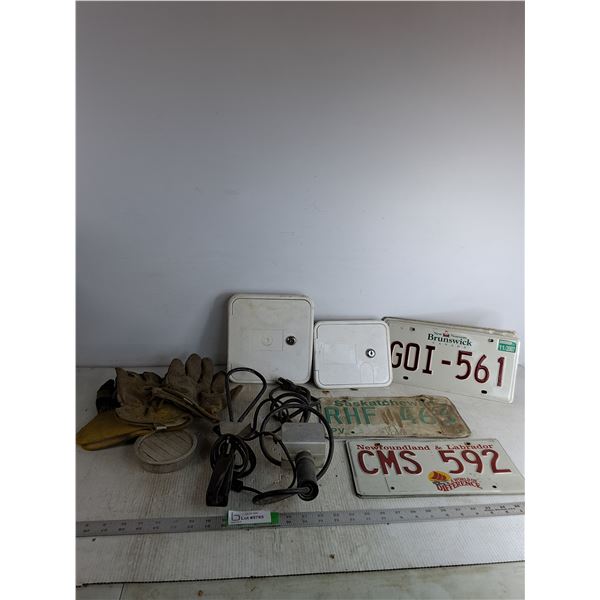 (8) License Plates, (2) Electric Charcoal Lighters, (2) Lockable RV Hatches, Misc