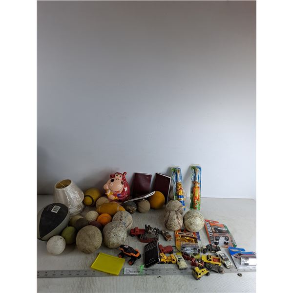 Various Balls, Car Models, Winnie The Pooh Themed Toothbrushes, (3) Lamp Shades 5.5" Diameter, Mis