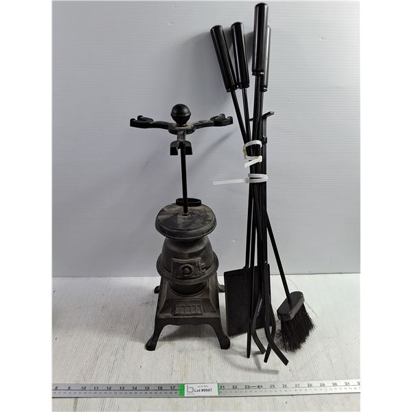 Antique Fireplace Tool Set in Cast Iron Pot Belly Stove Design-21" Tall