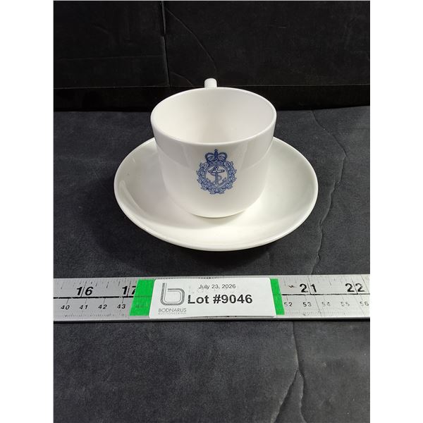 (1) White Porcelain Teacup and Saucer Set Featuring Royal Canadian Navy "Fouled Anchor" Crest