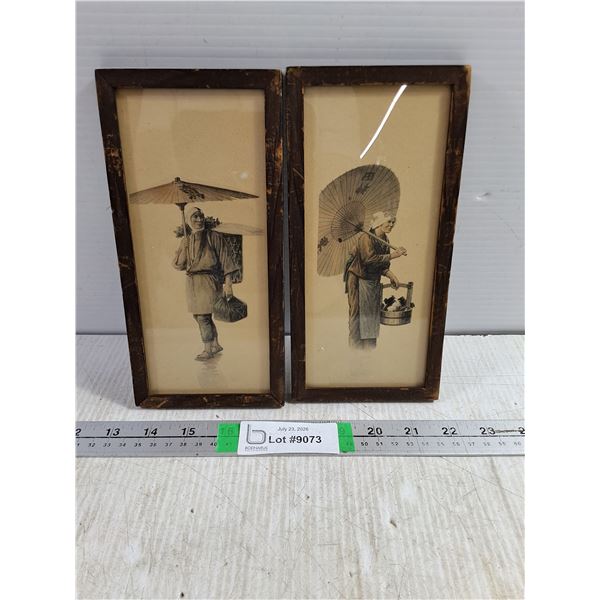 (2) Vintage Framed Japanese Genre Scene Paintings-4.5"x8"