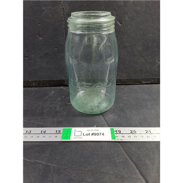 (1) Antique Aqua-Colored Glass Jar Featuring Embossed "The Ideal" on it